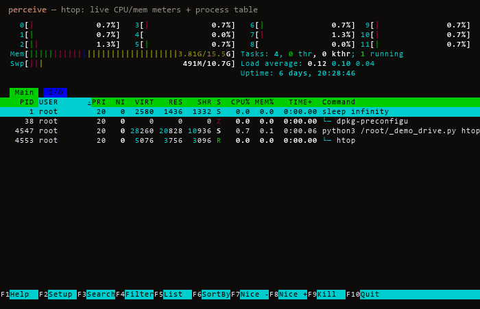 SmartCLI driving htop: tree view, sort menu