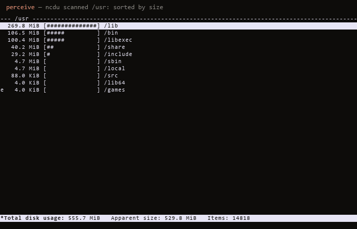 SmartCLI driving ncdu: browsing disk usage by size