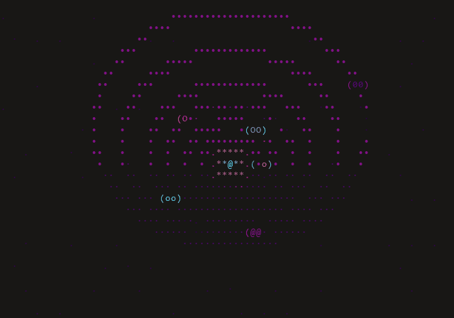 ASCII solar system orrery: planets orbiting a pulsing sun